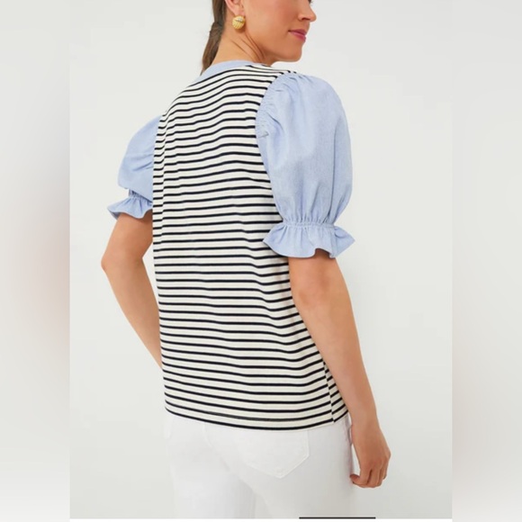 Veronica Beard Women’s Raegan Mixed-Media Top Puffed Ruffle Short Sleeves V-Neck - Picture 6 of 16